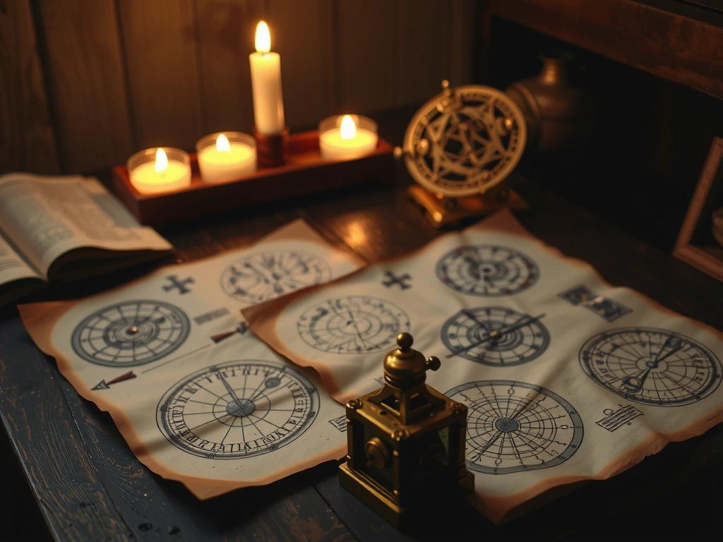 Ilustracja: Astrolab na biurku astronoma z dokumentami