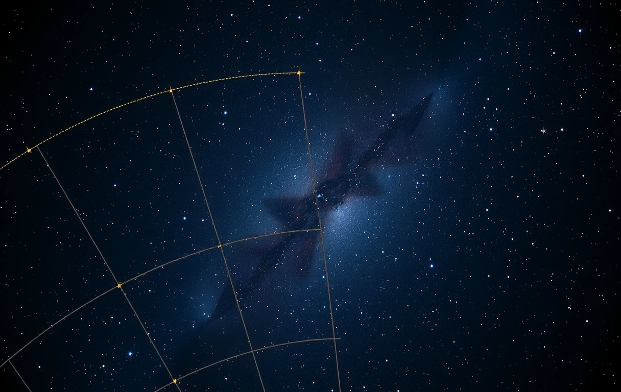 Niebo w nocnej tonacji z gwiazdami i złotymi zarysami mapy nieba.