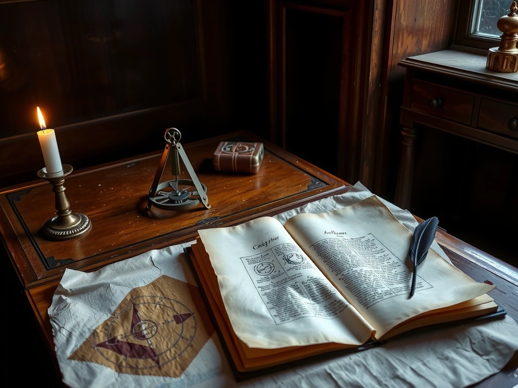 Stół astronoma z rękopisem i astrolabem
